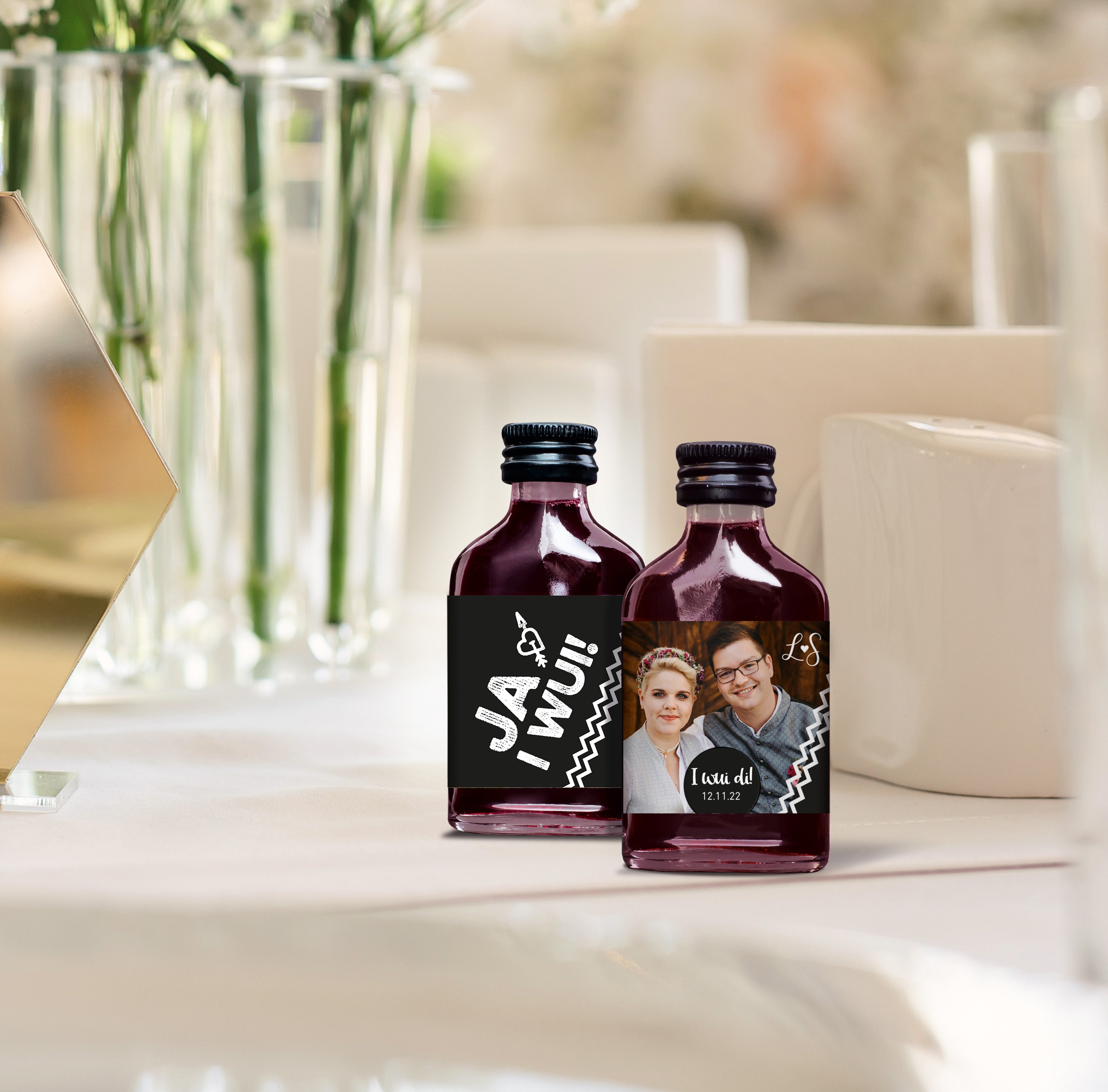 Hochzeitsschnaps mit eigenem Etikett: Der I WUI AN KURZN Partylikör mit eurem Foto