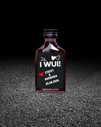 I WUI AN KURZN – Bayerischer Haskap-Likör Partyshot | 24 Stück × 0,02 l | individuelles Hochzeitsetikett | Gastgeschenk| personalisiert